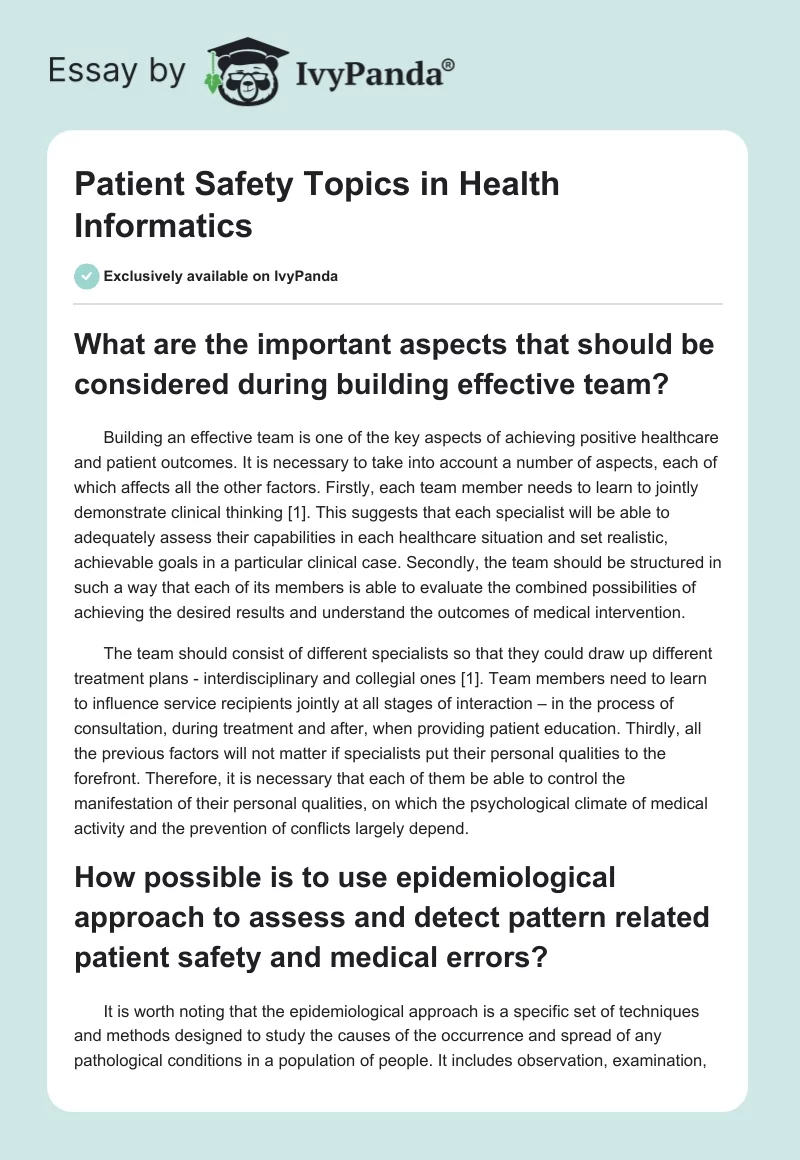 Patient Safety Topics in Health Informatics. Page 1