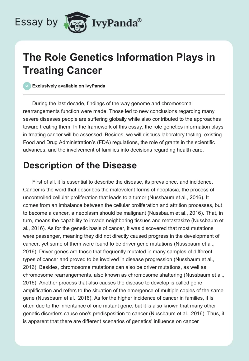 The Role Genetics Information Plays in Treating Cancer. Page 1