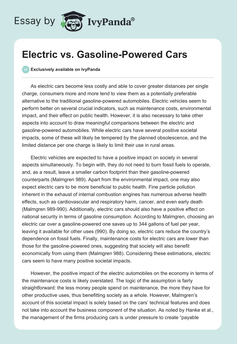 Electric vs. Gasoline-Powered Cars. Page 1