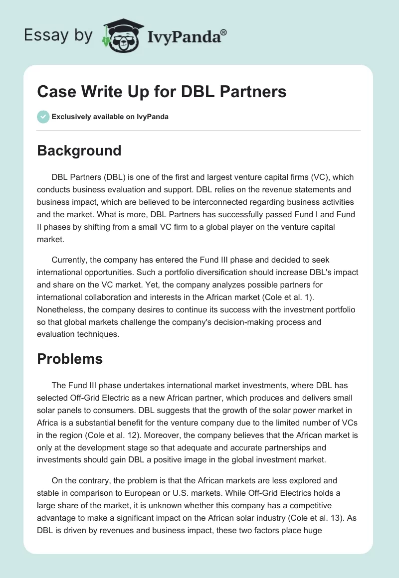 Case Write Up for DBL Partners. Page 1