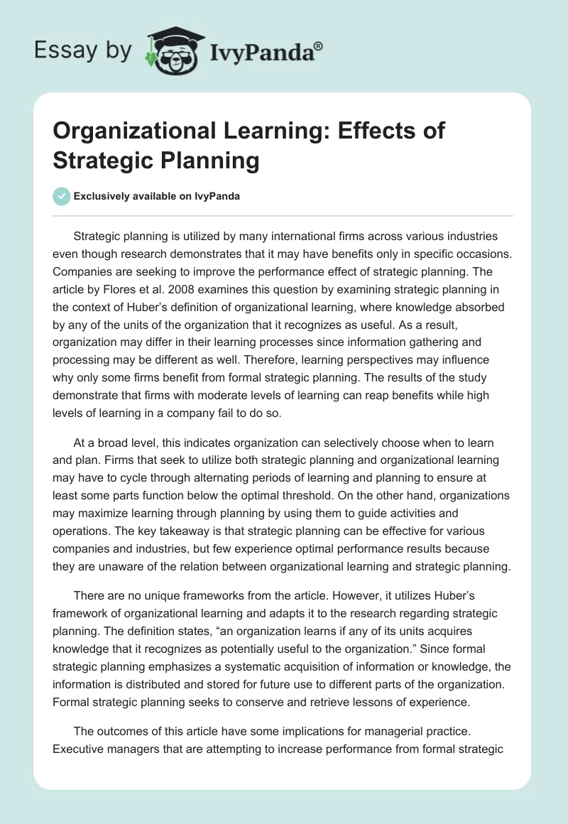 Organizational Learning: Effects of Strategic Planning. Page 1