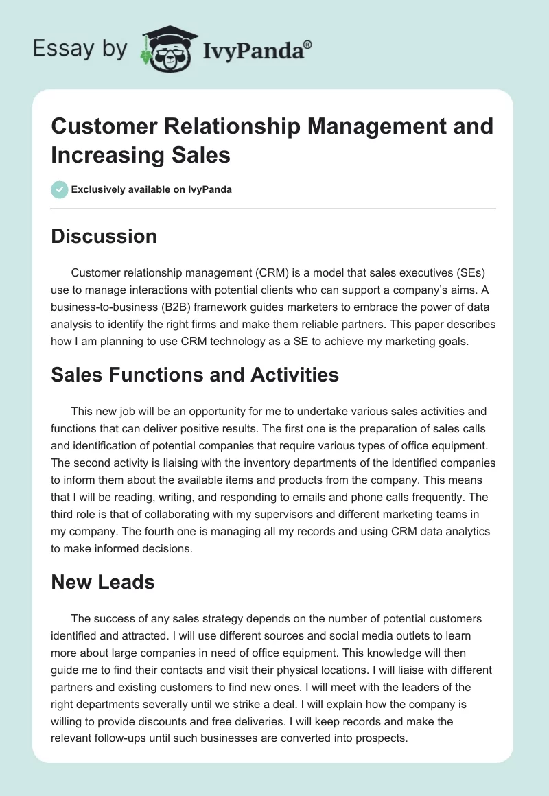 Customer Relationship Management and Increasing Sales. Page 1