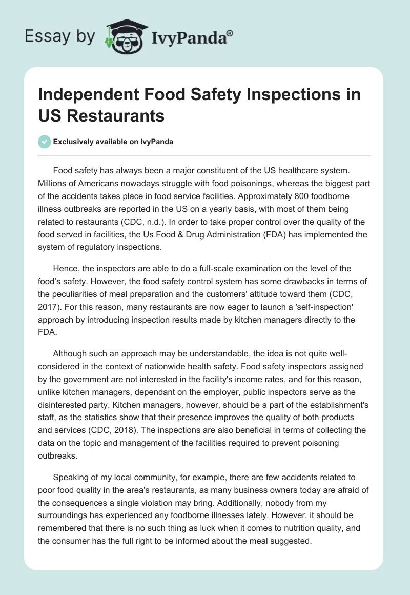 Independent Food Safety Inspections in US Restaurants. Page 1