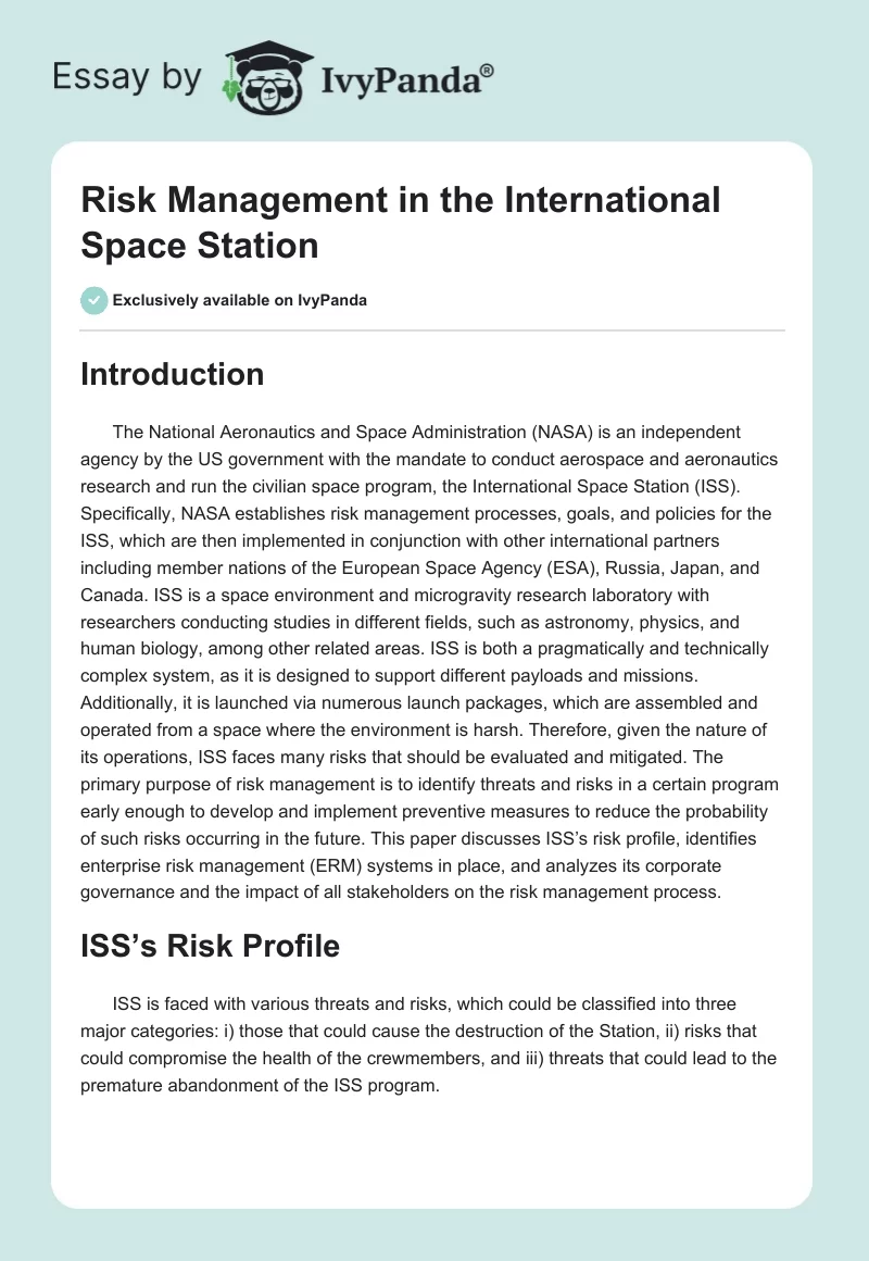 Risk Management in the International Space Station. Page 1