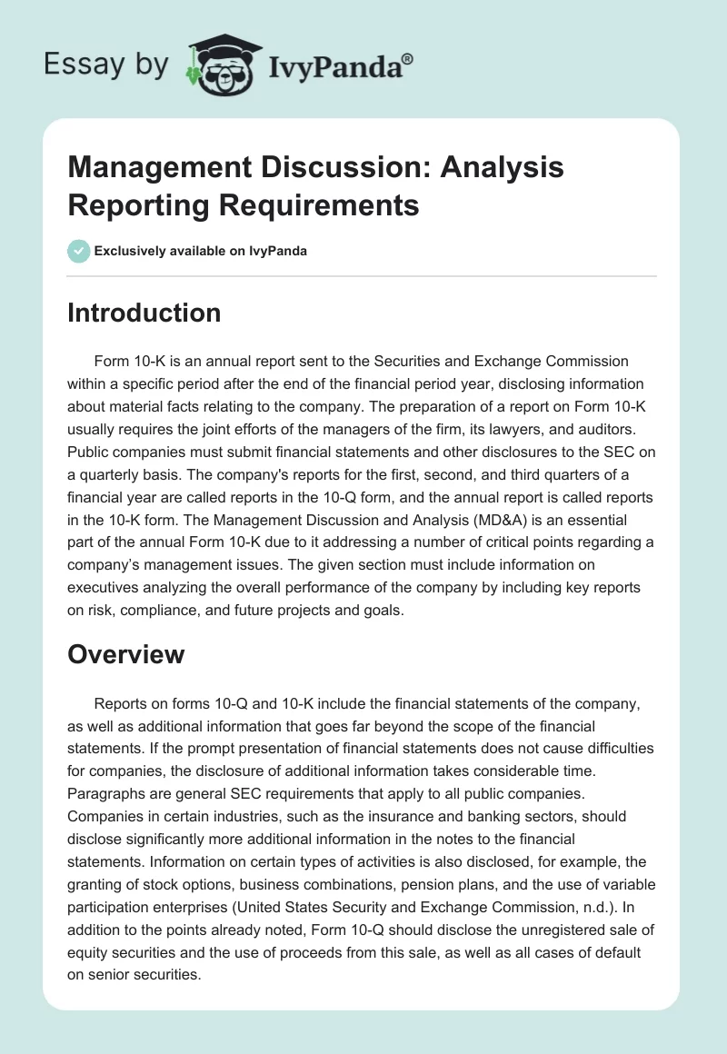 Management Discussion: Analysis Reporting Requirements. Page 1
