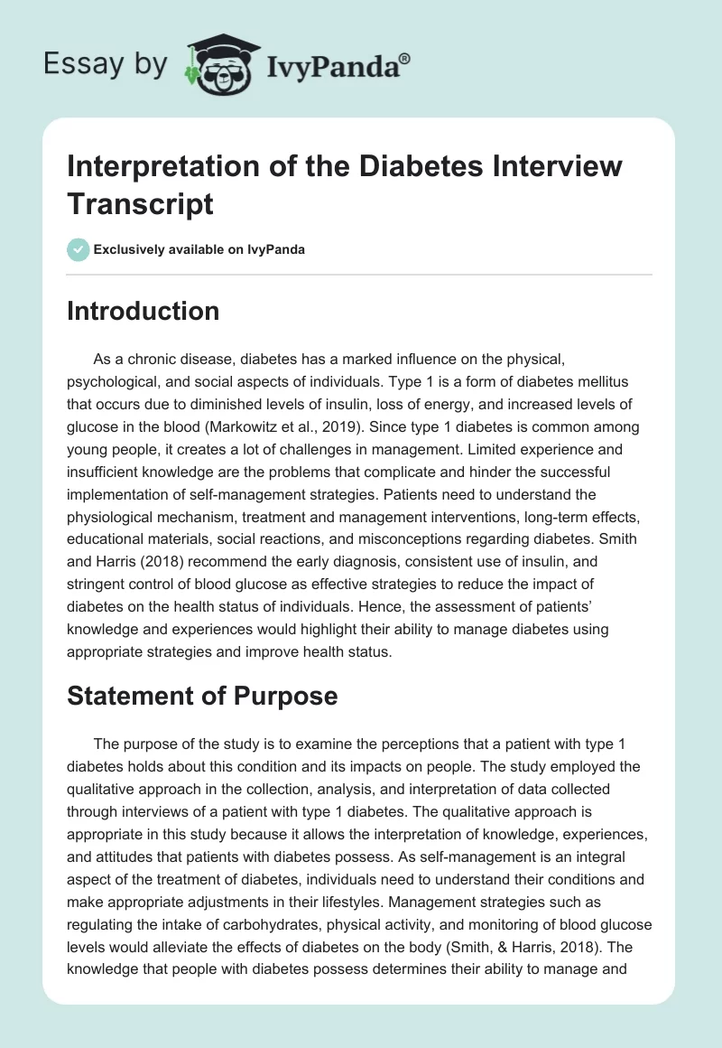 Interpretation of the Diabetes Interview Transcript. Page 1
