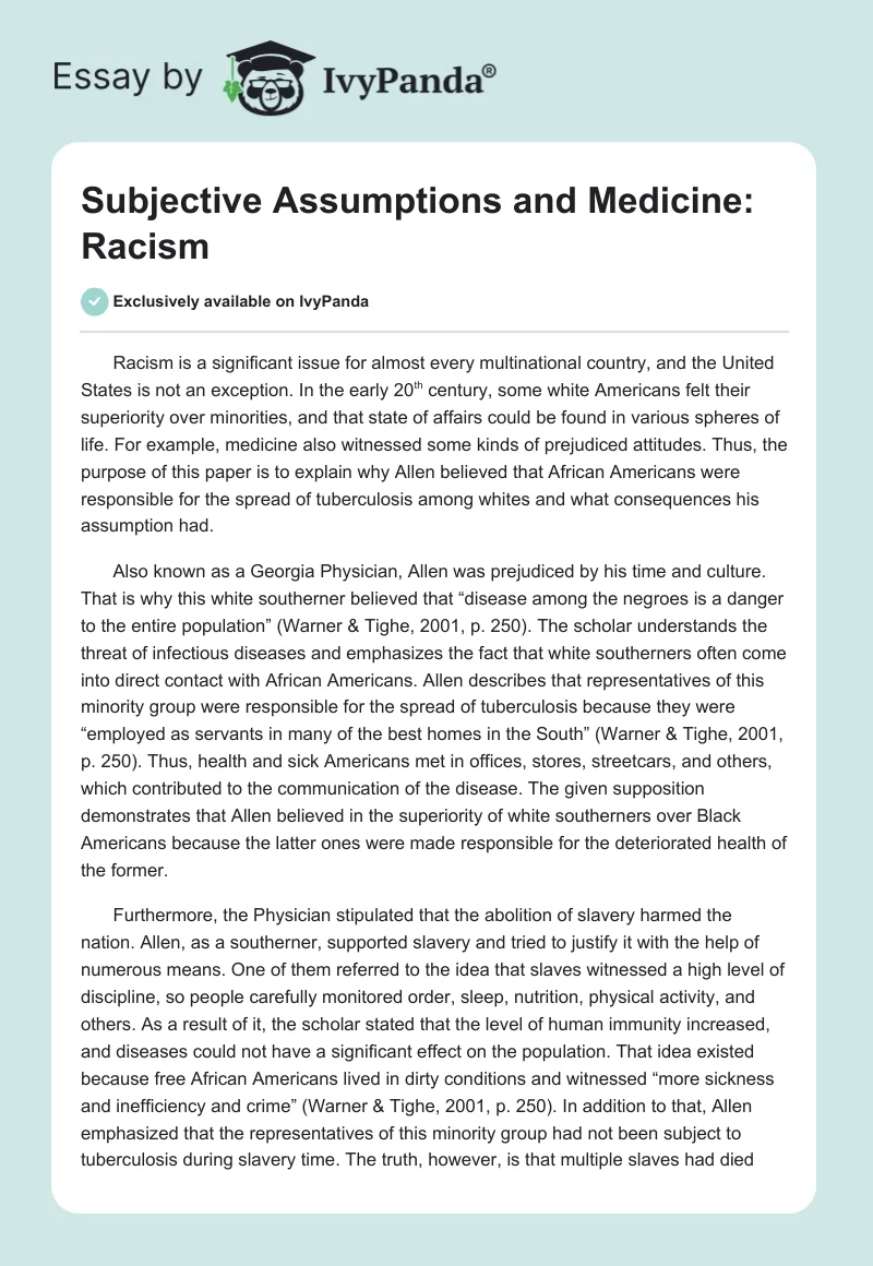 Subjective Assumptions and Medicine: Racism. Page 1