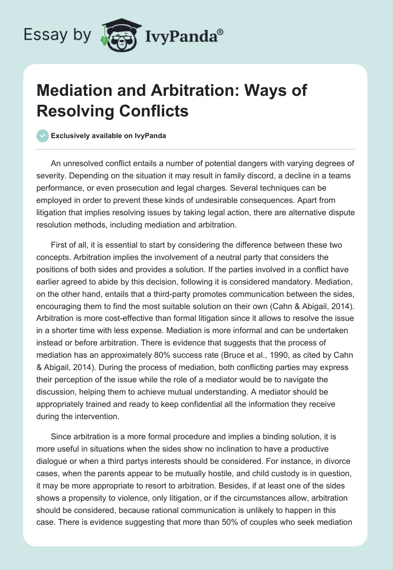 Mediation and Arbitration: Ways of Resolving Conflicts. Page 1