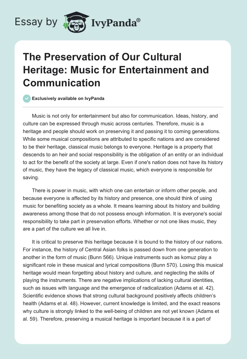 The Preservation of Our Cultural Heritage: Music for Entertainment and Communication. Page 1