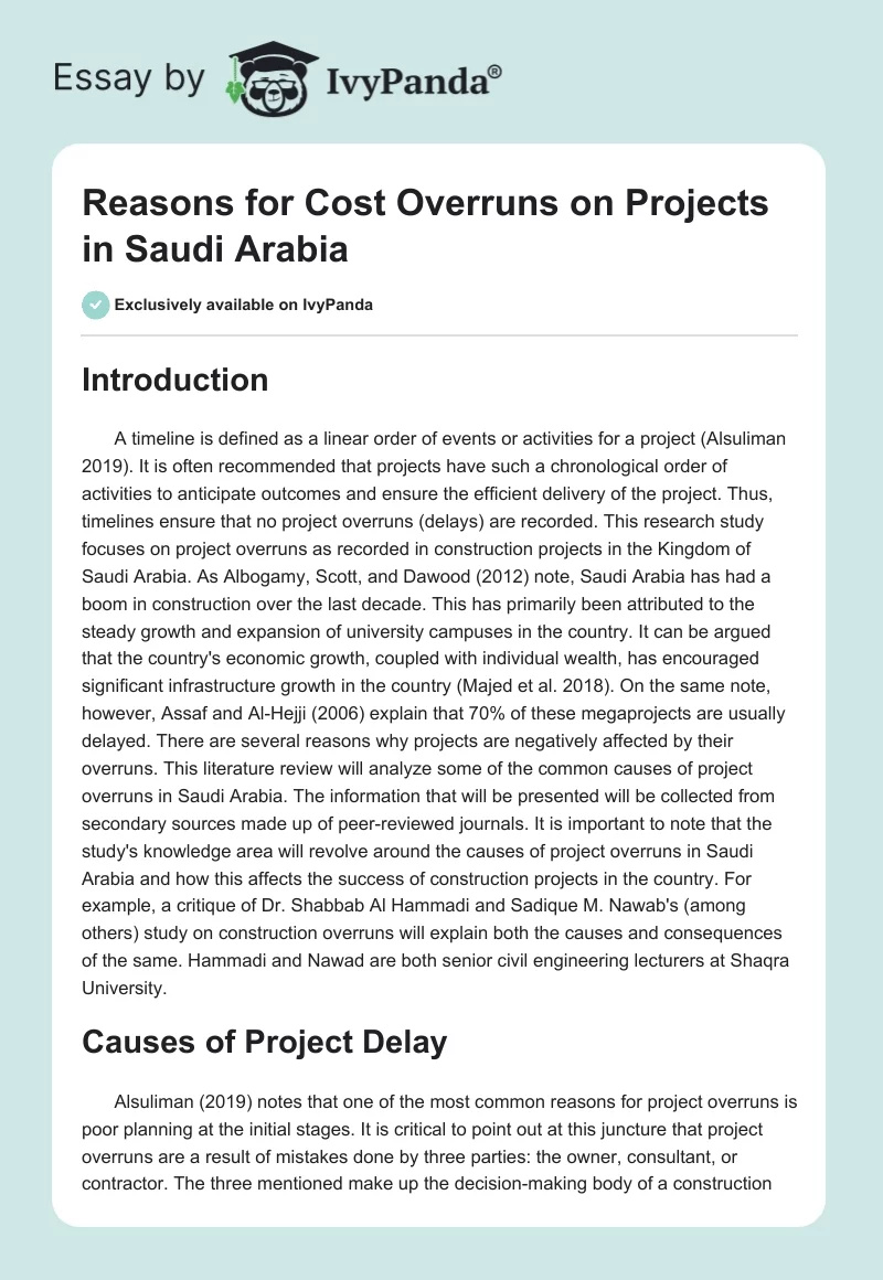 Reasons for Cost Overruns on Projects in Saudi Arabia. Page 1
