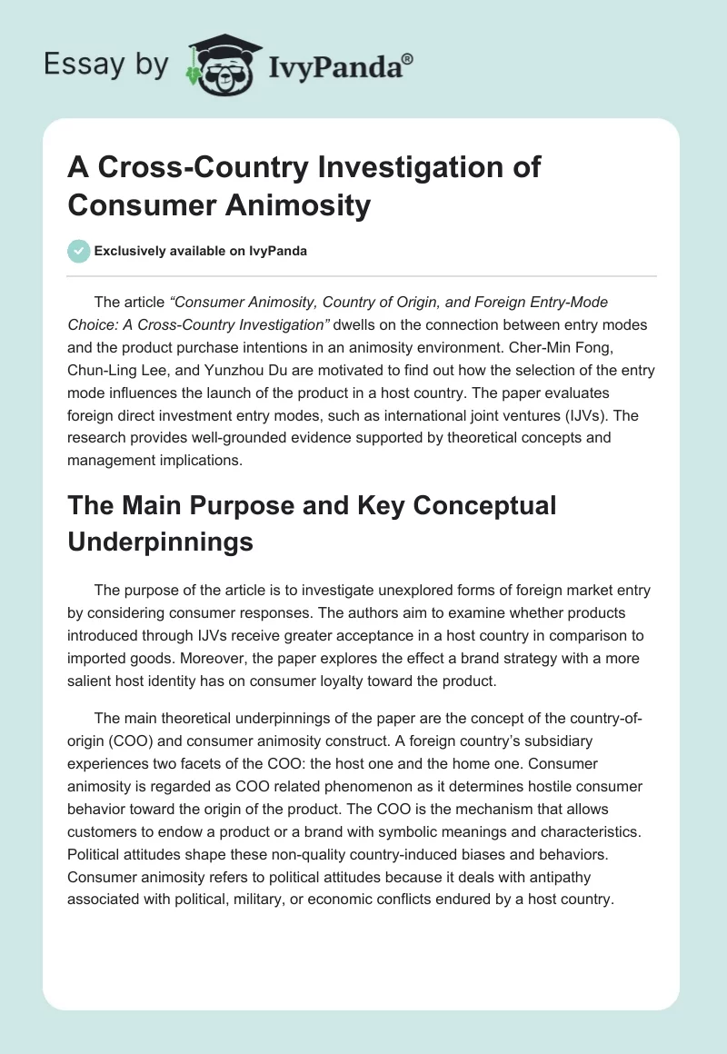 A Cross-Country Investigation of Consumer Animosity. Page 1