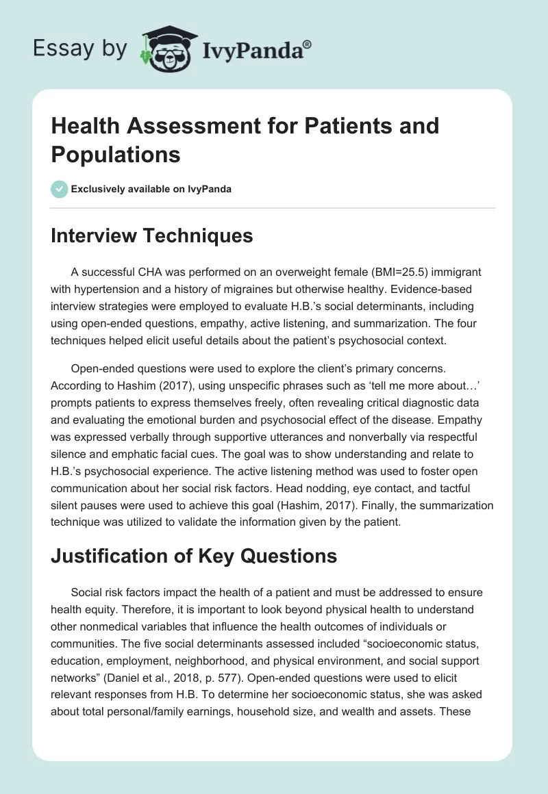 Health Assessment for Patients and Populations. Page 1