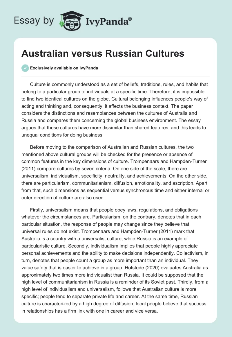 Australian versus Russian Cultures. Page 1