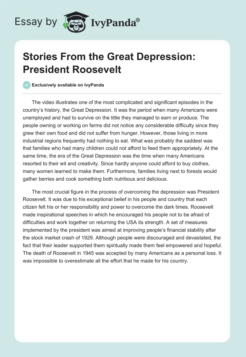 Stories From the Great Depression: President Roosevelt. Page 1