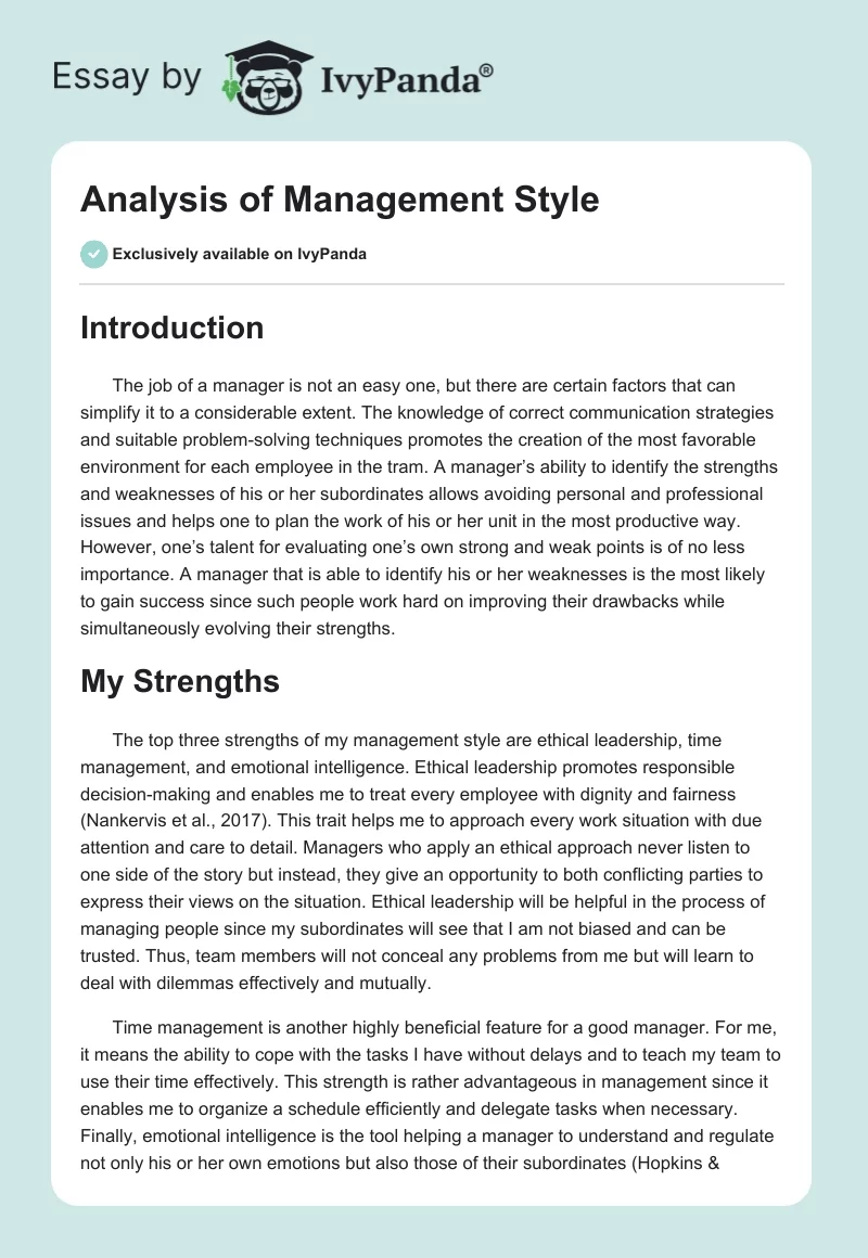 Analysis of Management Style - 838 Words | Essay Example