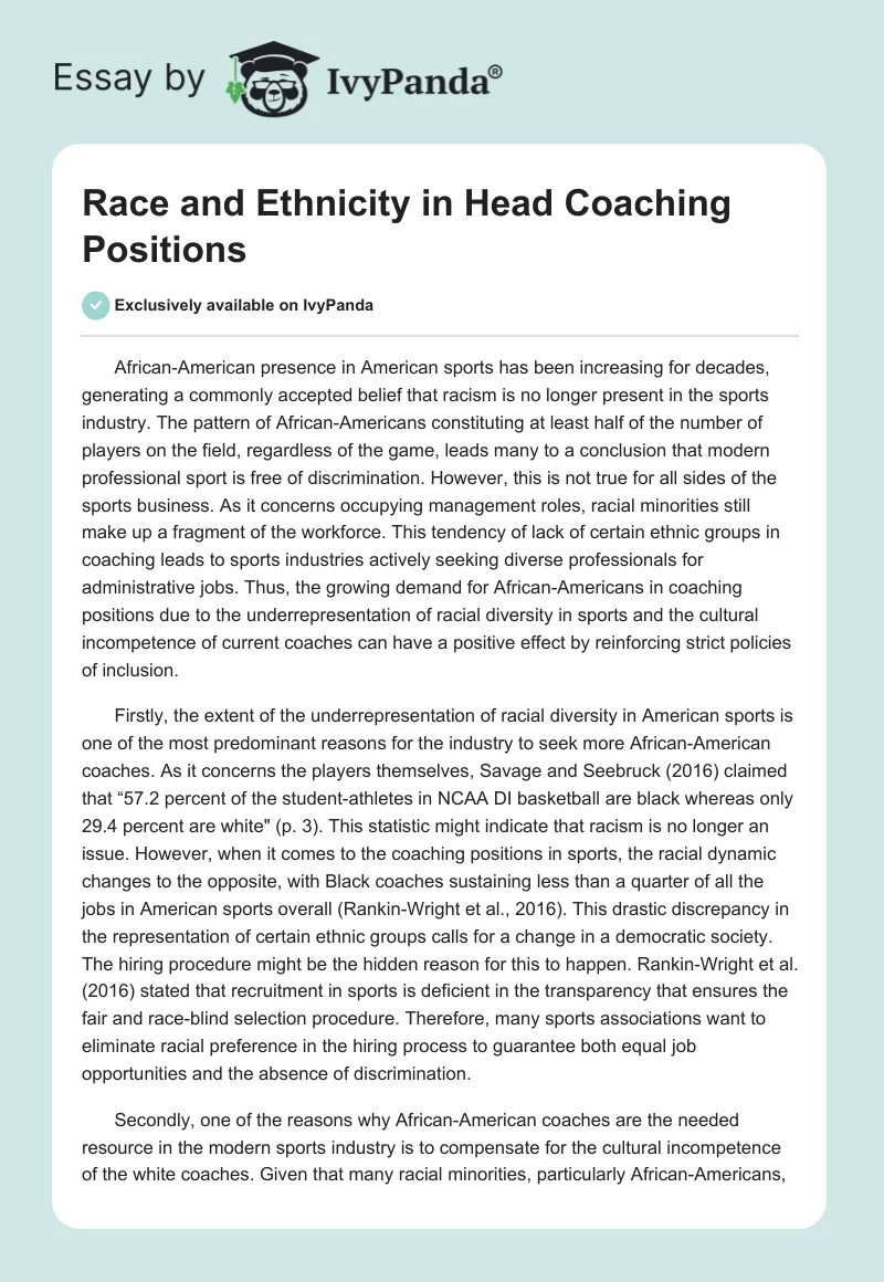 Race and Ethnicity in Head Coaching Positions. Page 1