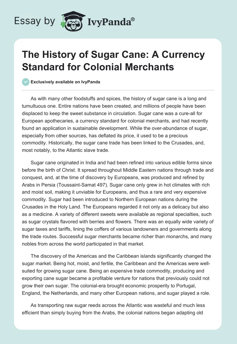 The History of Sugar Cane: A Currency Standard for Colonial Merchants. Page 1