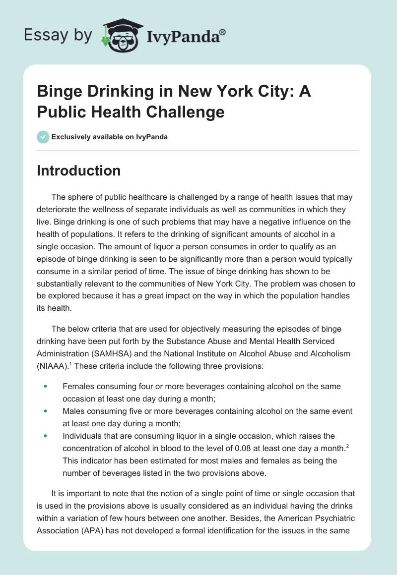 Binge Drinking in New York City: A Public Health Challenge. Page 1