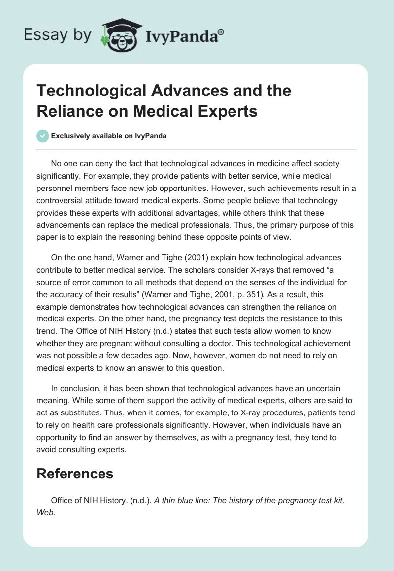 Technological Advances and the Reliance on Medical Experts. Page 1
