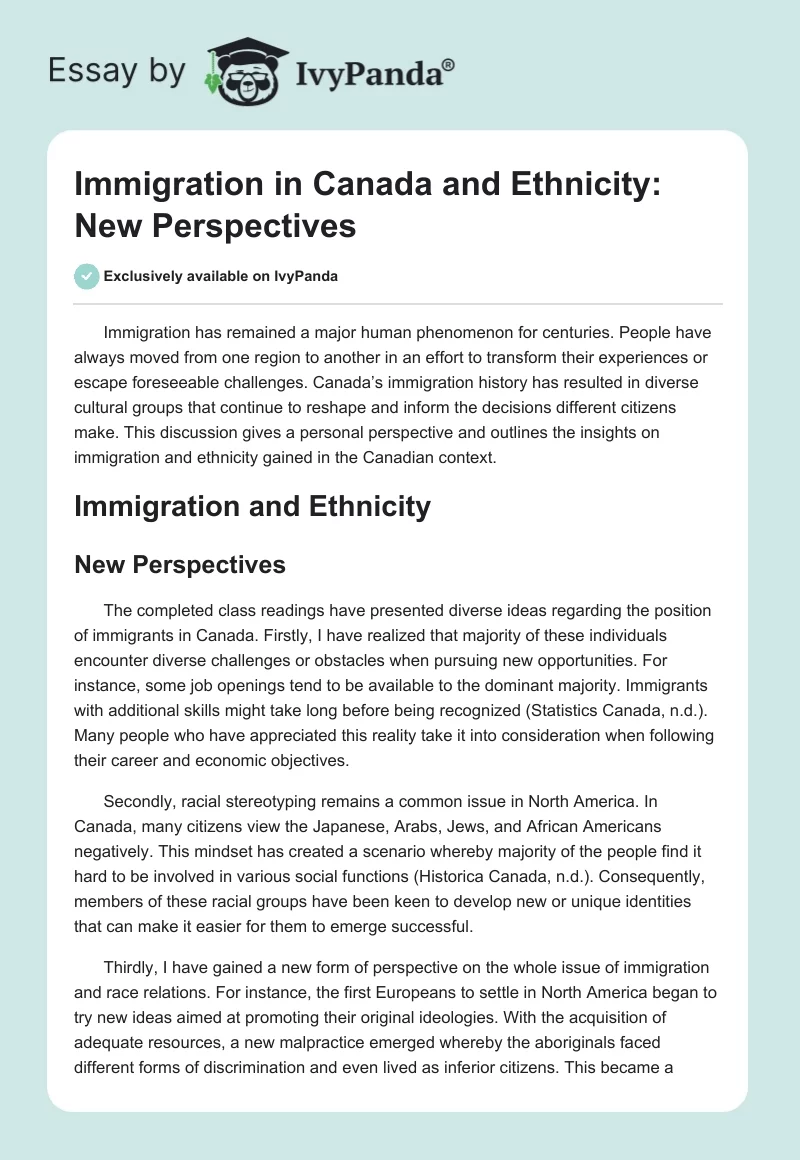 Immigration in Canada and Ethnicity: New Perspectives. Page 1