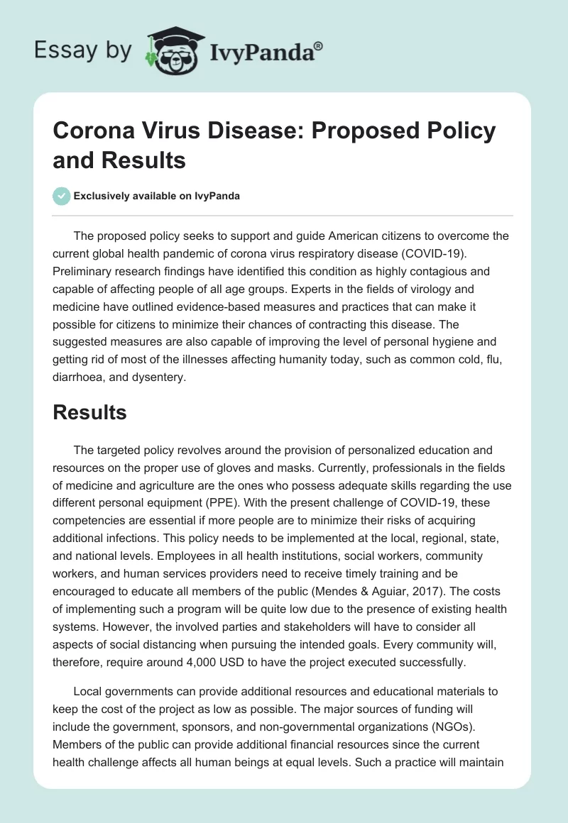 Corona Virus Disease: Proposed Policy and Results. Page 1