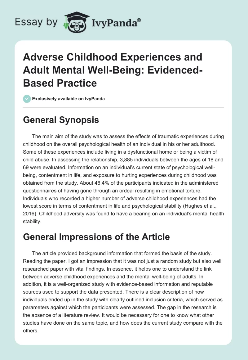 Adverse Childhood Experiences and Adult Mental Well-Being: Evidenced-Based Practice. Page 1