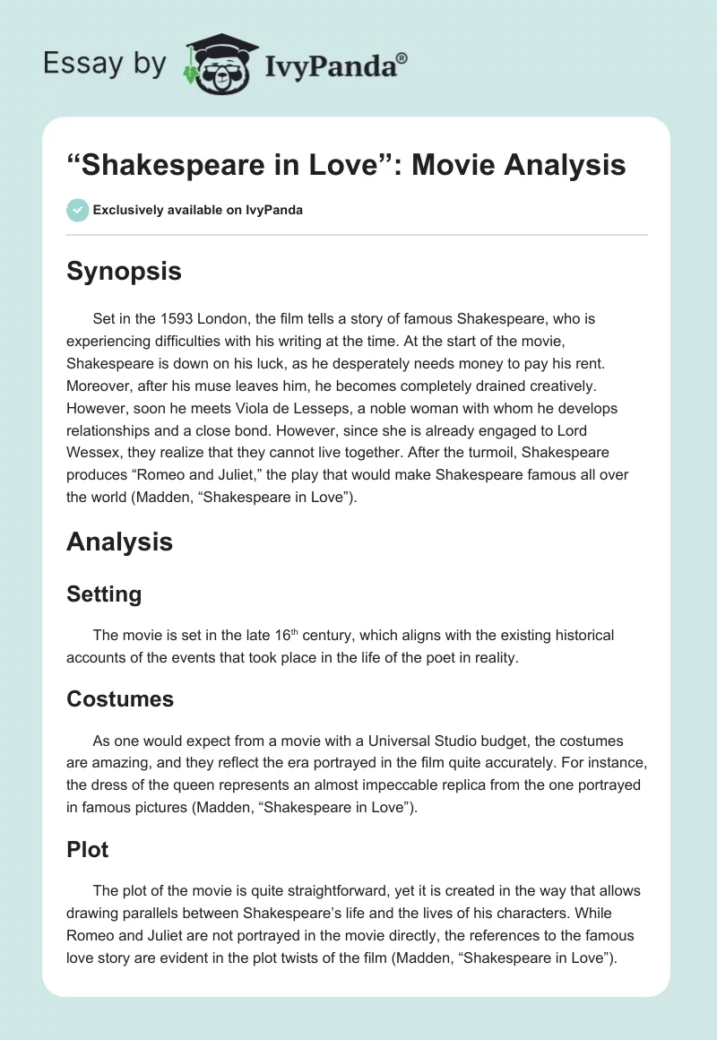 “Shakespeare in Love”: Movie Analysis. Page 1