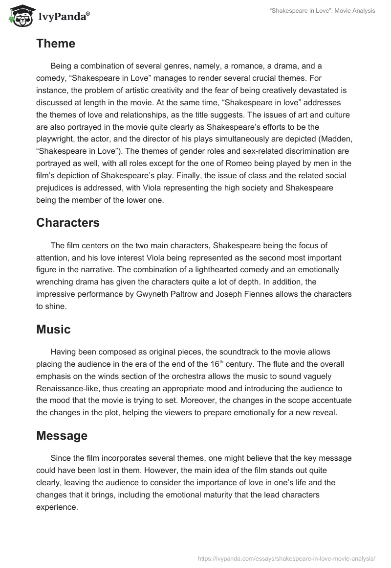 “Shakespeare in Love”: Movie Analysis. Page 2