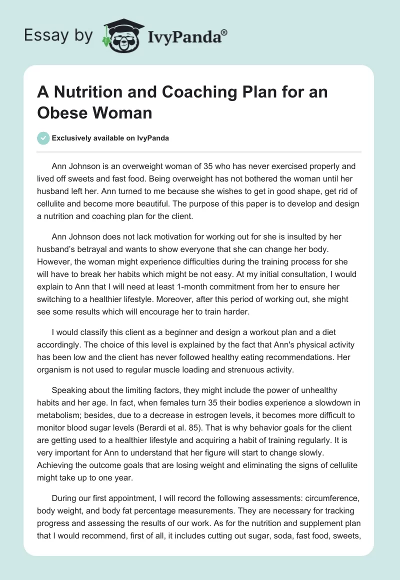 A Nutrition and Coaching Plan for an Obese Woman. Page 1