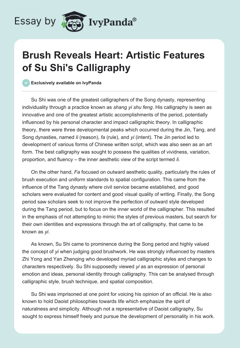 Brush Reveals Heart: Artistic Features of Su Shi's Calligraphy. Page 1