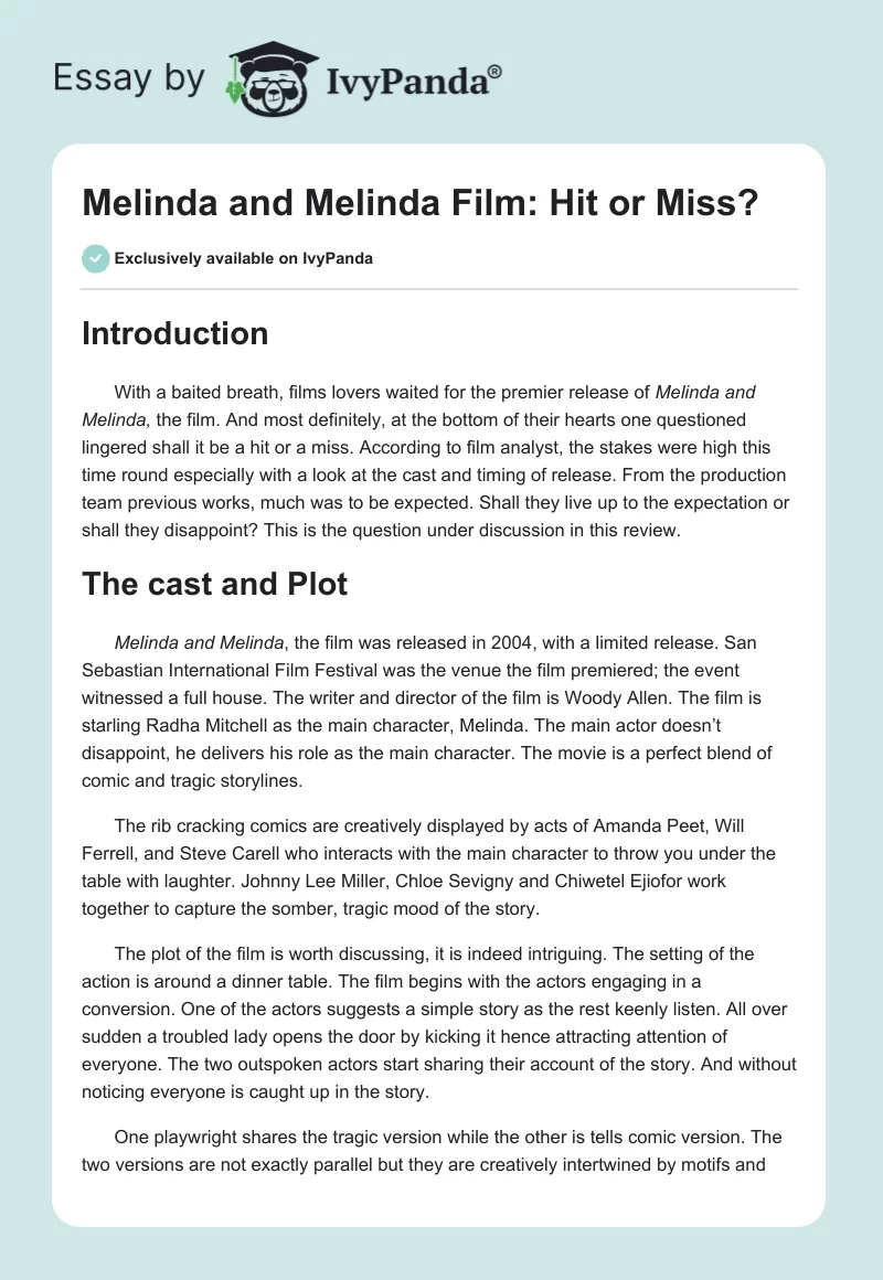 "Melinda and Melinda" Film: Hit or Miss?. Page 1