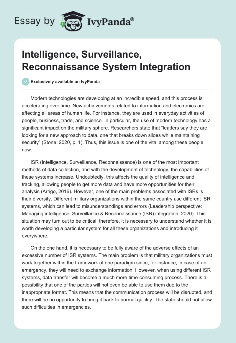 Intelligence, Surveillance, Reconnaissance System Integration. Page 1