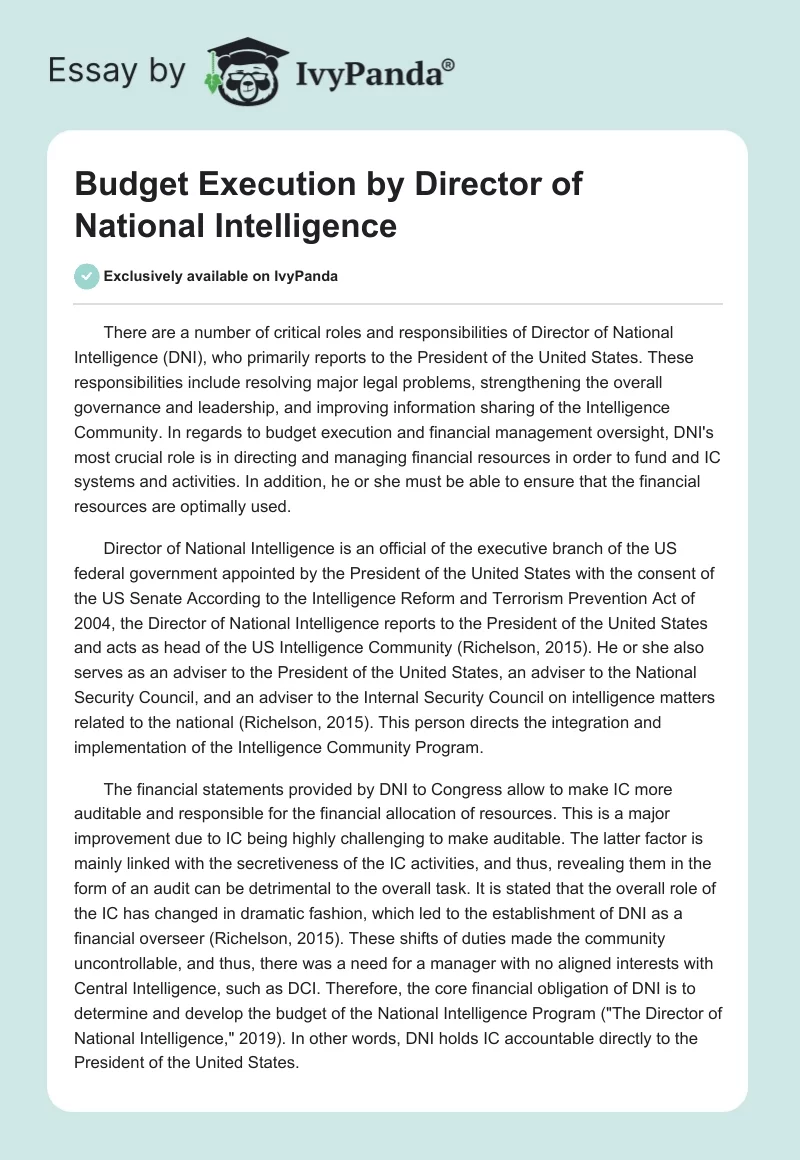 Budget Execution by Director of National Intelligence. Page 1