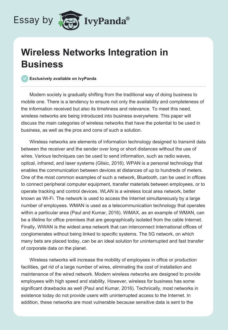 Wireless Networks Integration in Business. Page 1