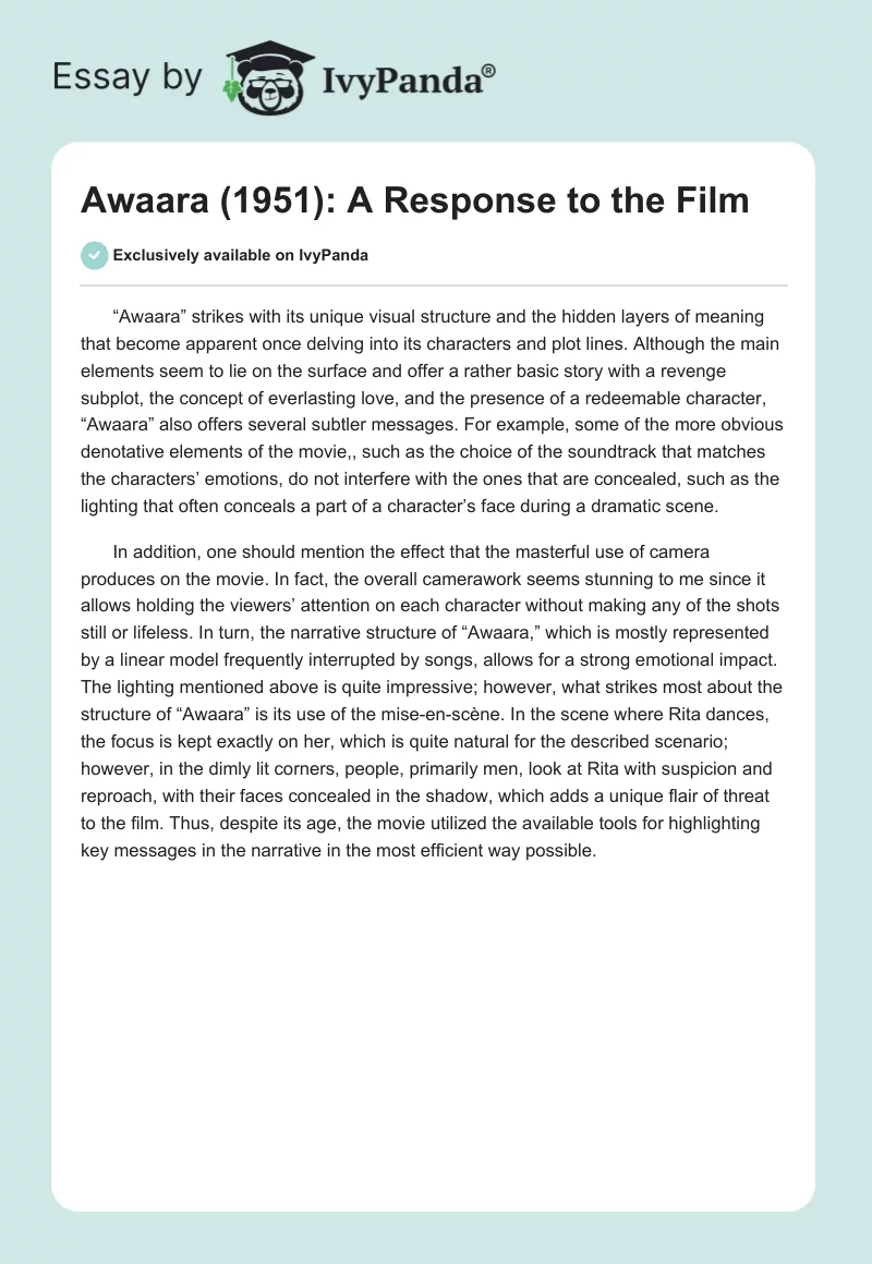 "Awaara" (1951): A Response to the Film. Page 1