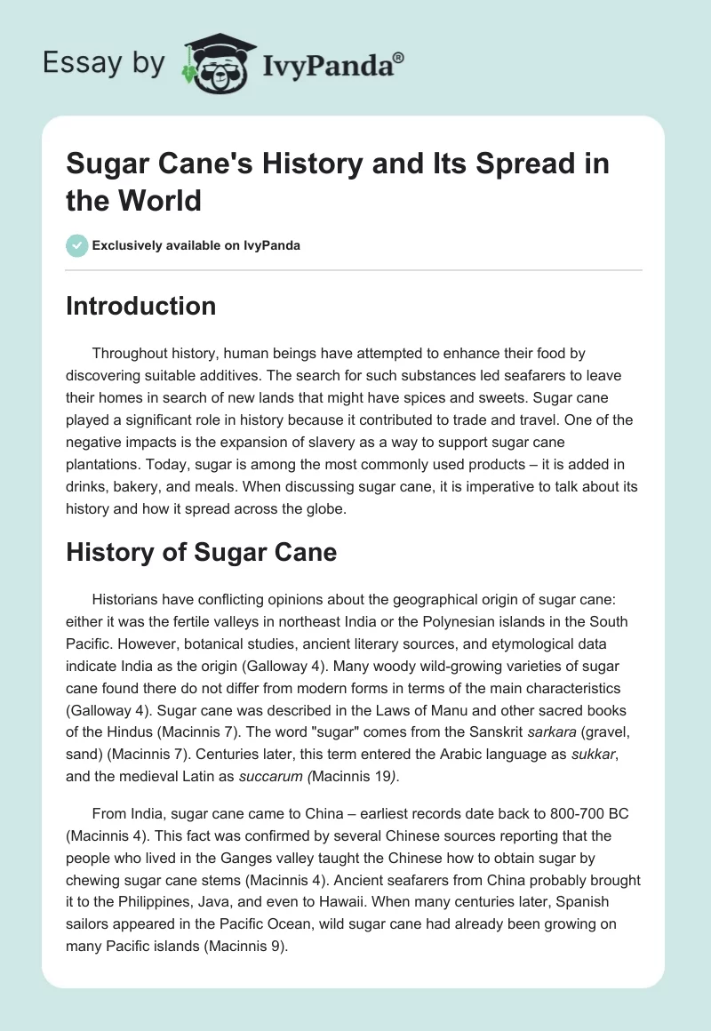 Sugar Cane's History and Its Spread in the World. Page 1