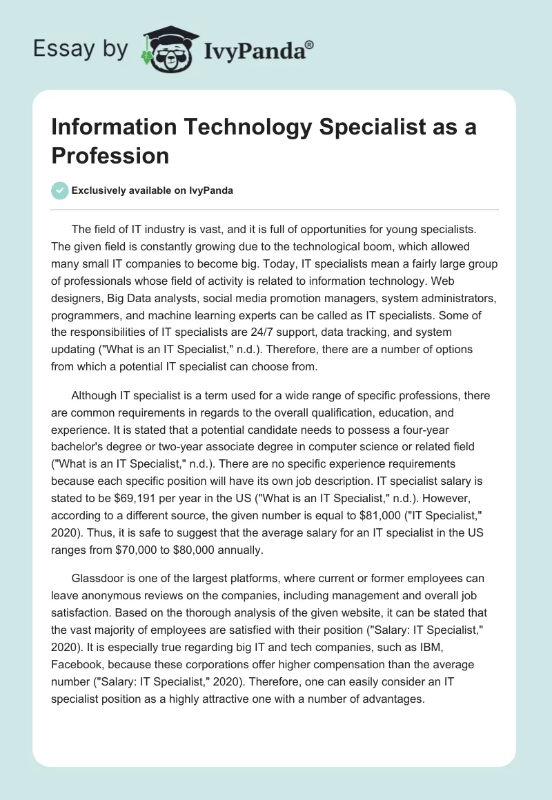 Information Technology Specialist as a Profession. Page 1