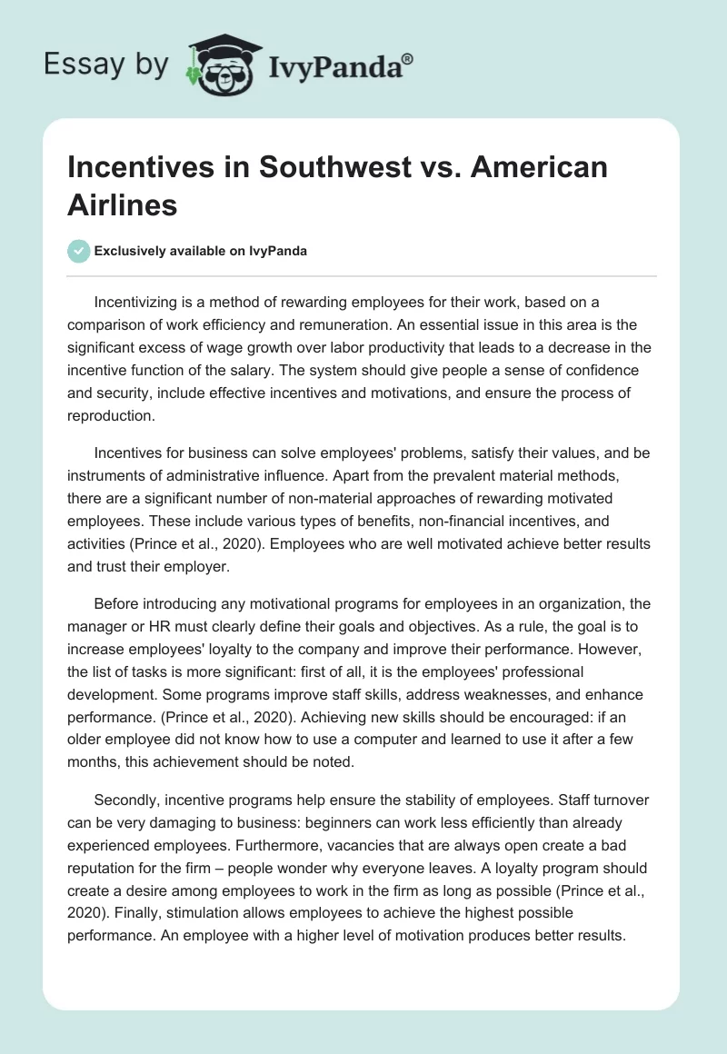 Incentives in Southwest vs. American Airlines 385 Words Research
