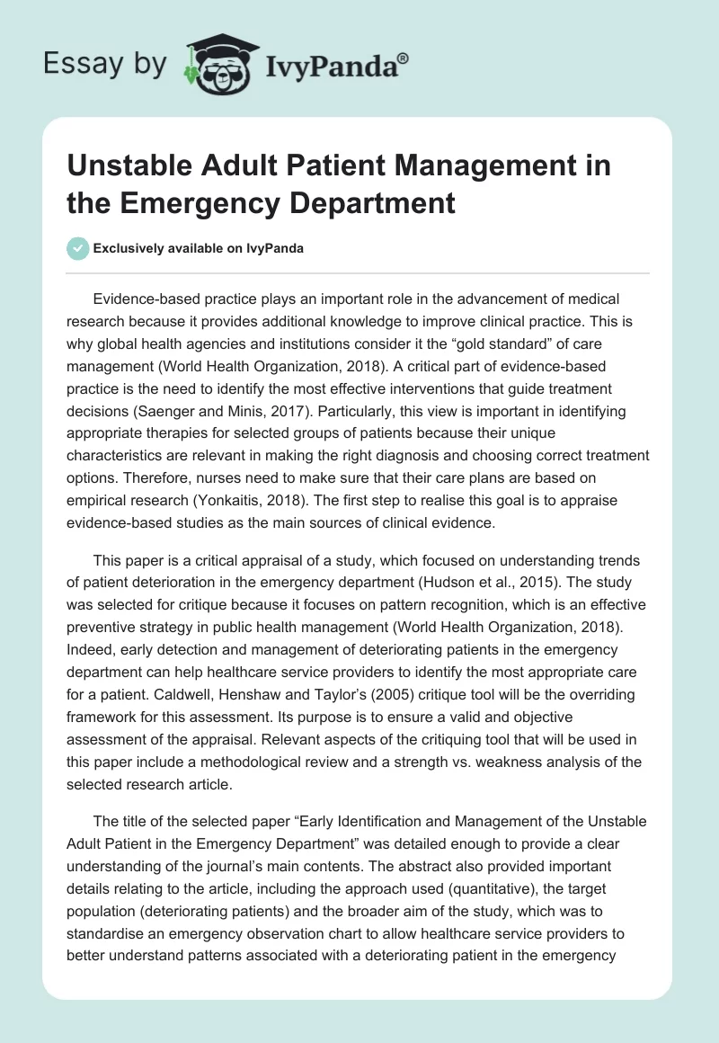Unstable Adult Patient Management in the Emergency Department. Page 1