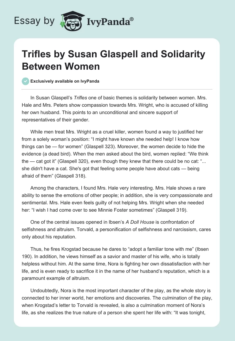 "Trifles" by Susan Glaspell and Solidarity Between Women. Page 1