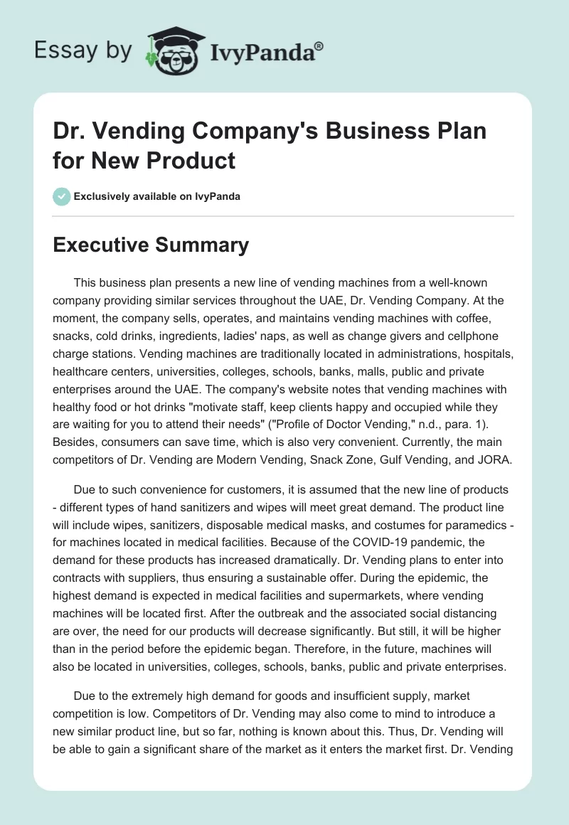 Dr. Vending Company's Business Plan for New Product. Page 1