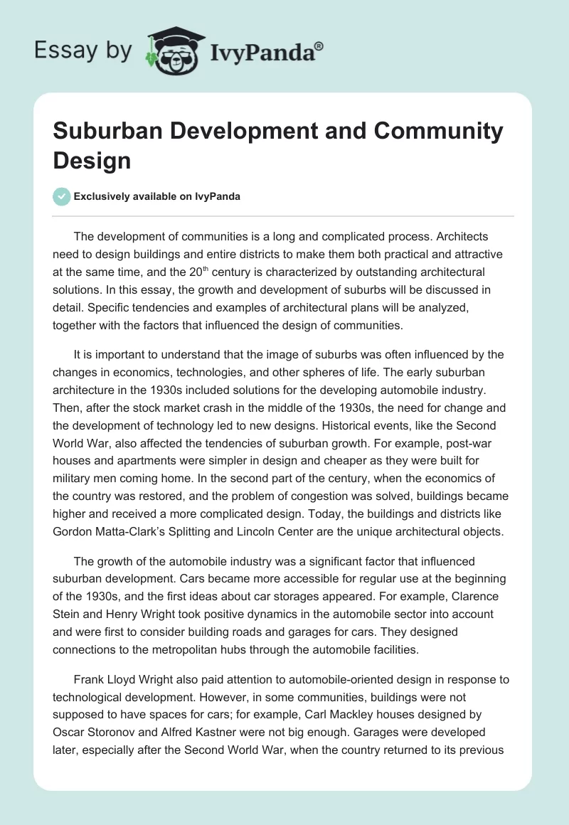 Suburban Development and Community Design. Page 1