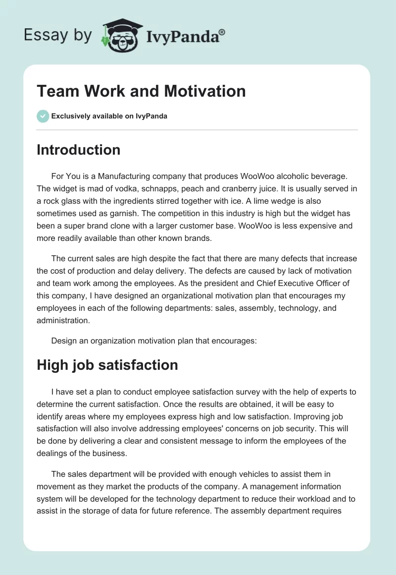 Team Work and Motivation. Page 1