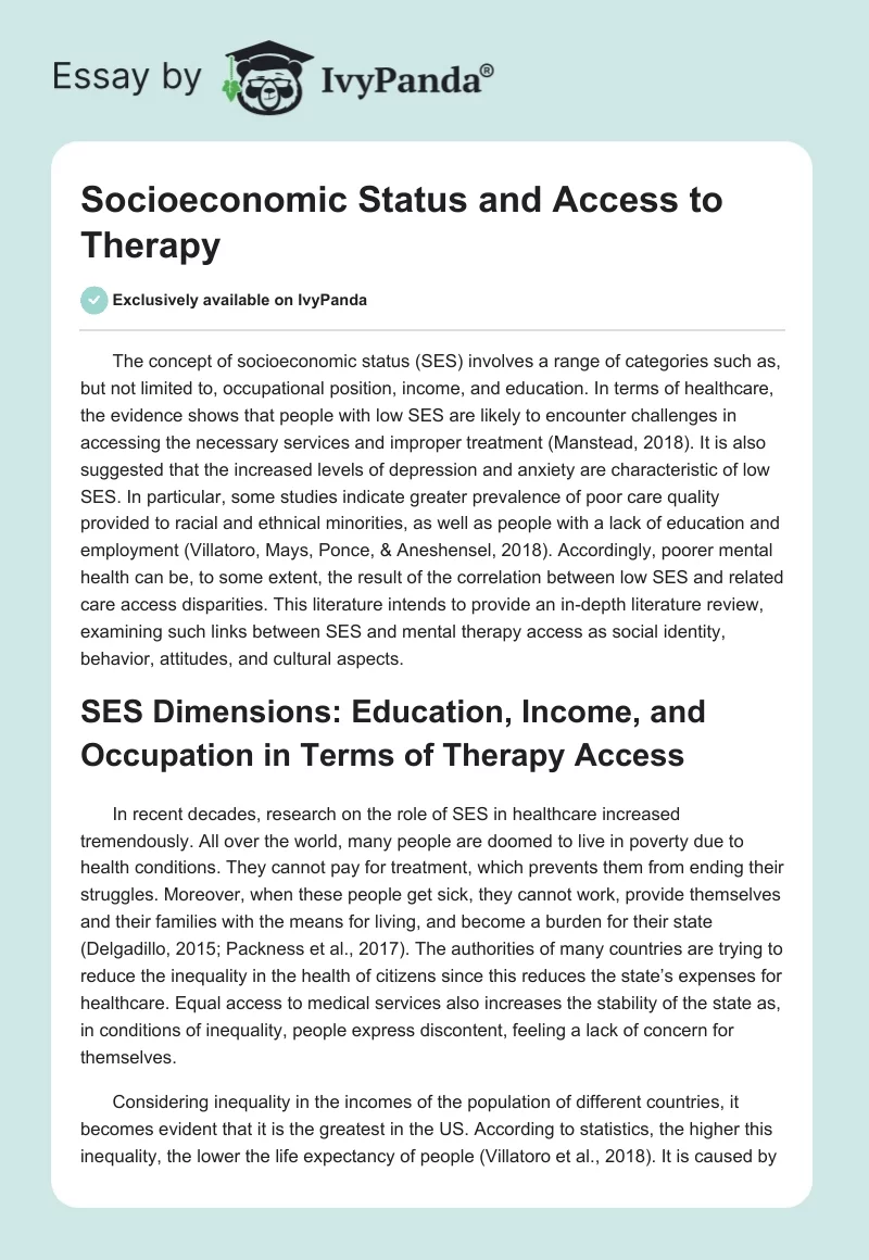 Socioeconomic Status and Access to Therapy. Page 1