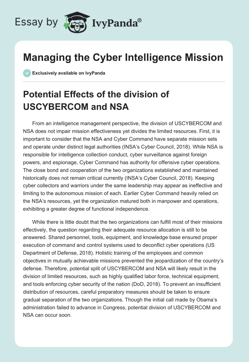 Managing the Cyber Intelligence Mission. Page 1