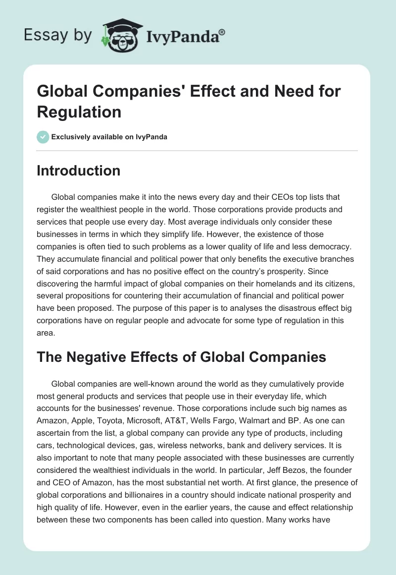 Global Companies' Effect and Need for Regulation. Page 1
