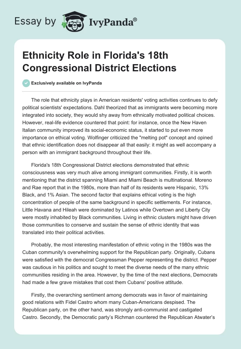 Ethnicity Role in Florida's 18th Congressional District Elections. Page 1
