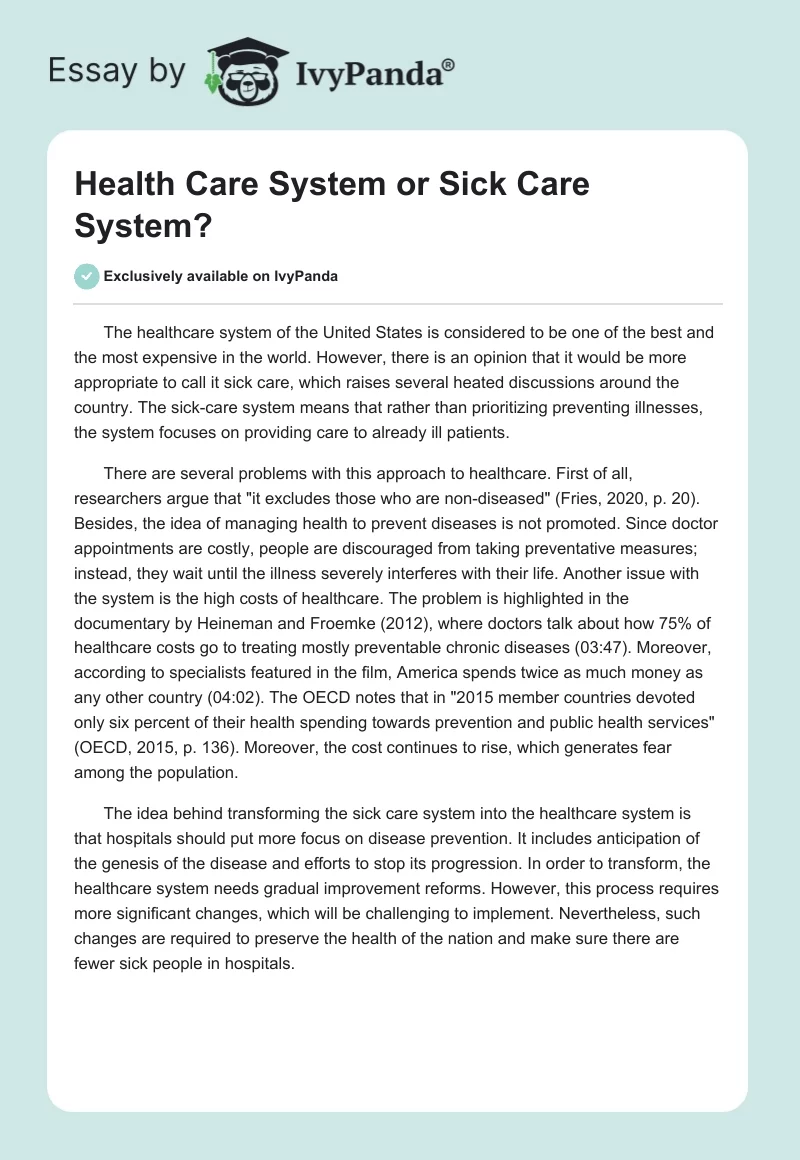Health Care System or Sick Care System?. Page 1