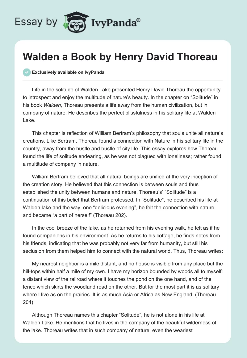 "Walden" a Book by Henry David Thoreau. Page 1