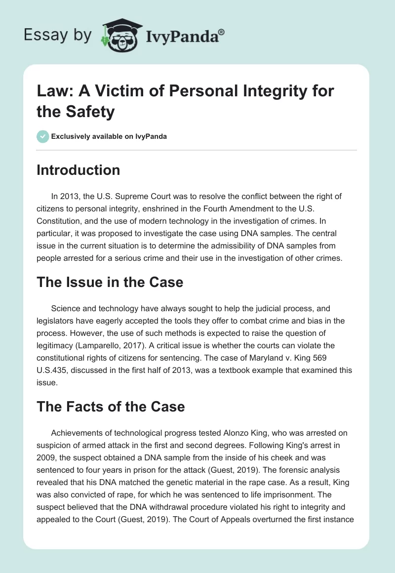 Law: A Victim of Personal Integrity for the Safety. Page 1